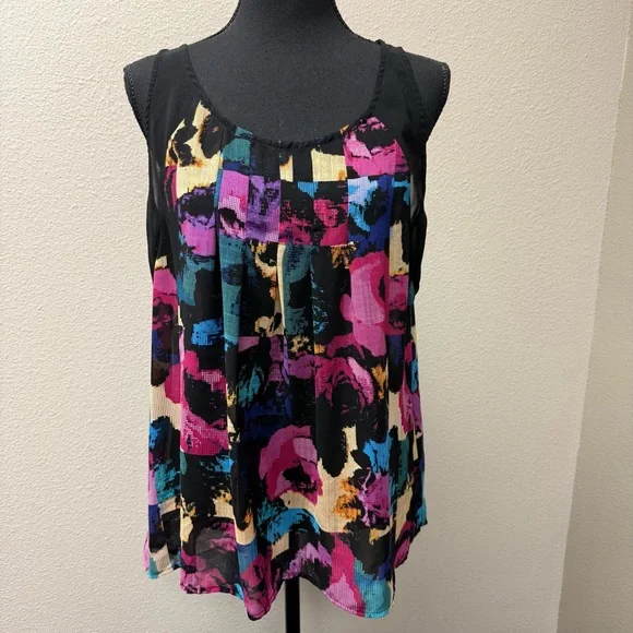Nicole by Nicole Miller Black Purple Abstract Sleeveless Blouse L - Picture 2 of 9